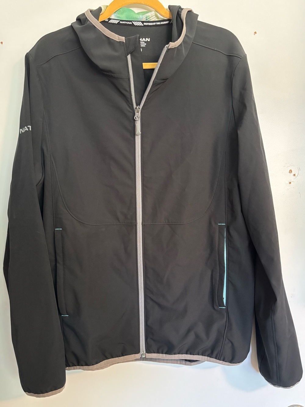 Nathan Sports Mens Hooded Windbreaker Running Jacket Black Teal Accents Medium